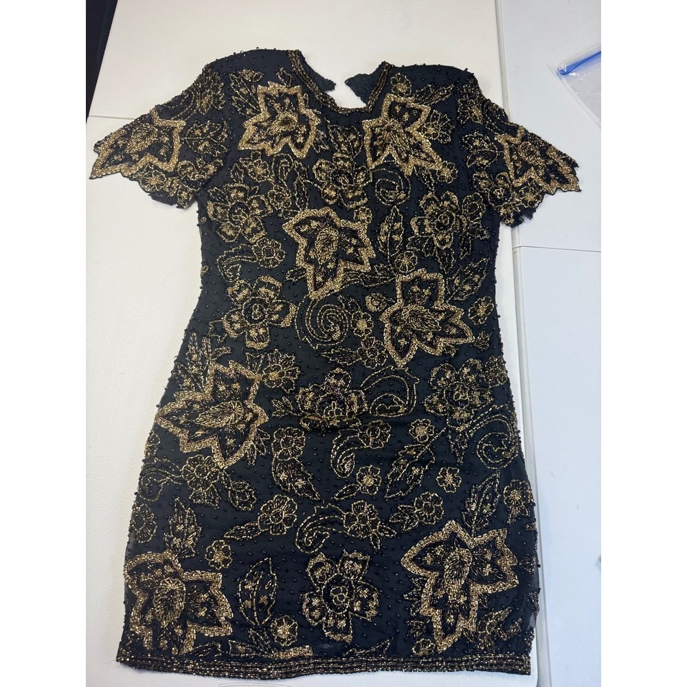 Black Tie Beaded Dress Size 10 Gold Flowers Vintage Cocktail‎ Party - Picture 5 of 11